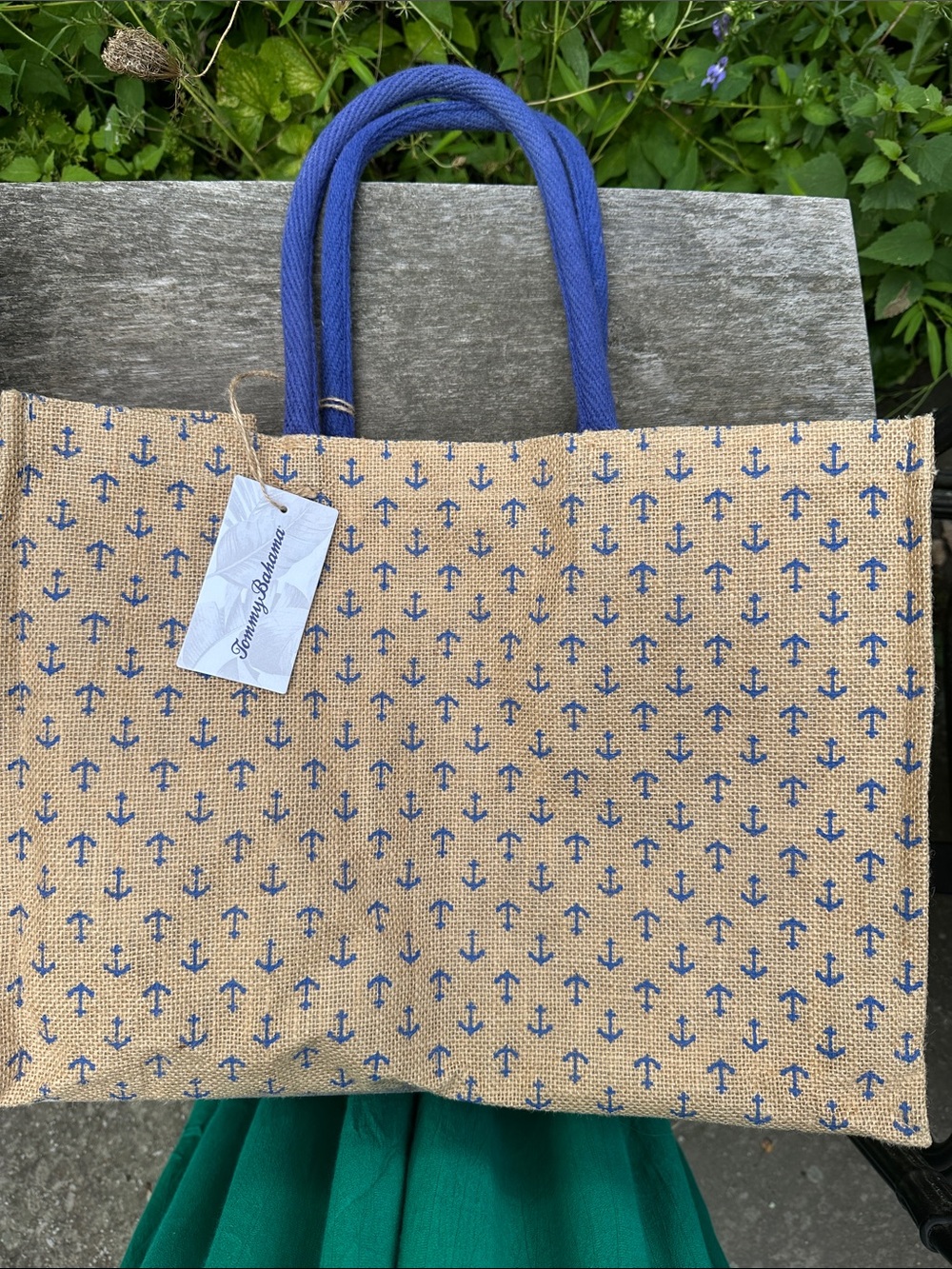 Tommy Bahama Natural Jute Tote with Blue Anchor Pattern and Blue Rope Handles